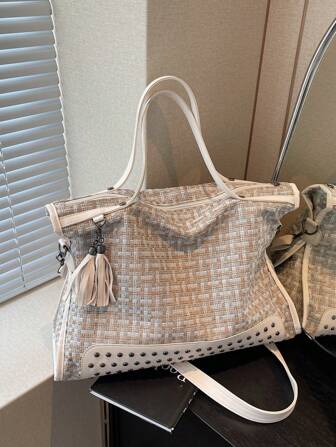 Women's Simple Color Block Fringe Zipper Decor Tote Bag