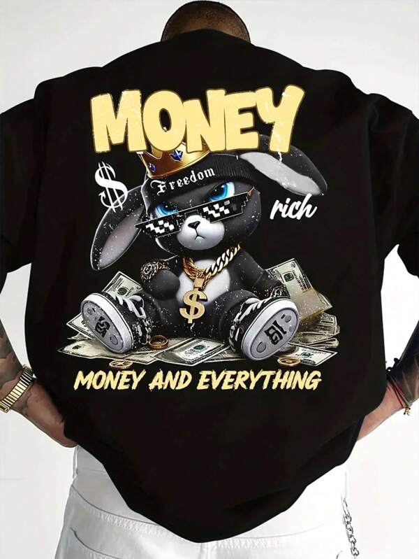 الموضة الشارعية! قميص تي شيرت قصير الأكمام مطبوع بتصميم أرنب الثروة للرجال