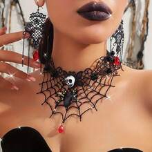 1 套 3 件哥特朋克手工编织万圣节骷髅项链套装，独特的蜘蛛网颈链，简约黑色蕾丝耳环，适合女性日常和感恩节佩戴 - 彩色 - 查看 1