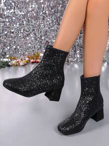 بوت بكعب سميك مرصع بالراين 25-2 سم، باللونين الذهبي والفضي، لامع، بطراز الأميرة، بوت بكعب متوسط، متعدد الاستخدامات للخريف/الشتاء