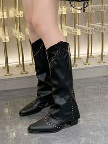 Women's Vintage Rivet High Shaft Boots, French Style, Versatile Western Boots, Knee-High Boots For Petite Size, Fold-Down Boots Punk Street Fashion - Black - View 5