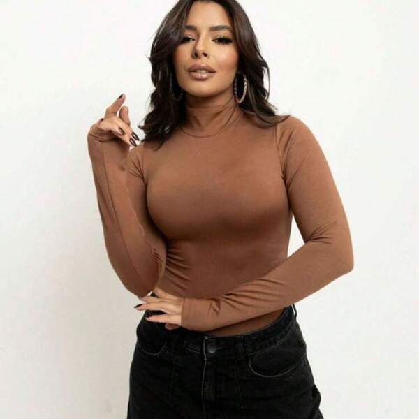 Collant Body Collant Feminino Segunda Pele Básico Gola Alta Manga Longa Moda Blogueira