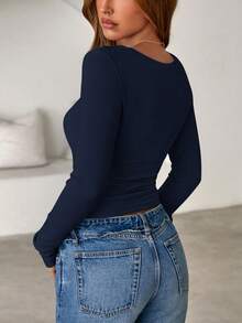 Women Spring And Fall Long Sleeve Shirts Ribbed Crewneck Fitted Basic Tee Going Out Tops Casual Workout Vacation Outfits - Navy Blue - View 2