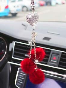 1pc Rhinestone Decorated Car Rearview Mirror Pendant Fluffy Ball Car Hanging Decor, Heart-Shaped Fluffy Ball Rhinestone Pendant Car Interior Accessory - one-size - View 11