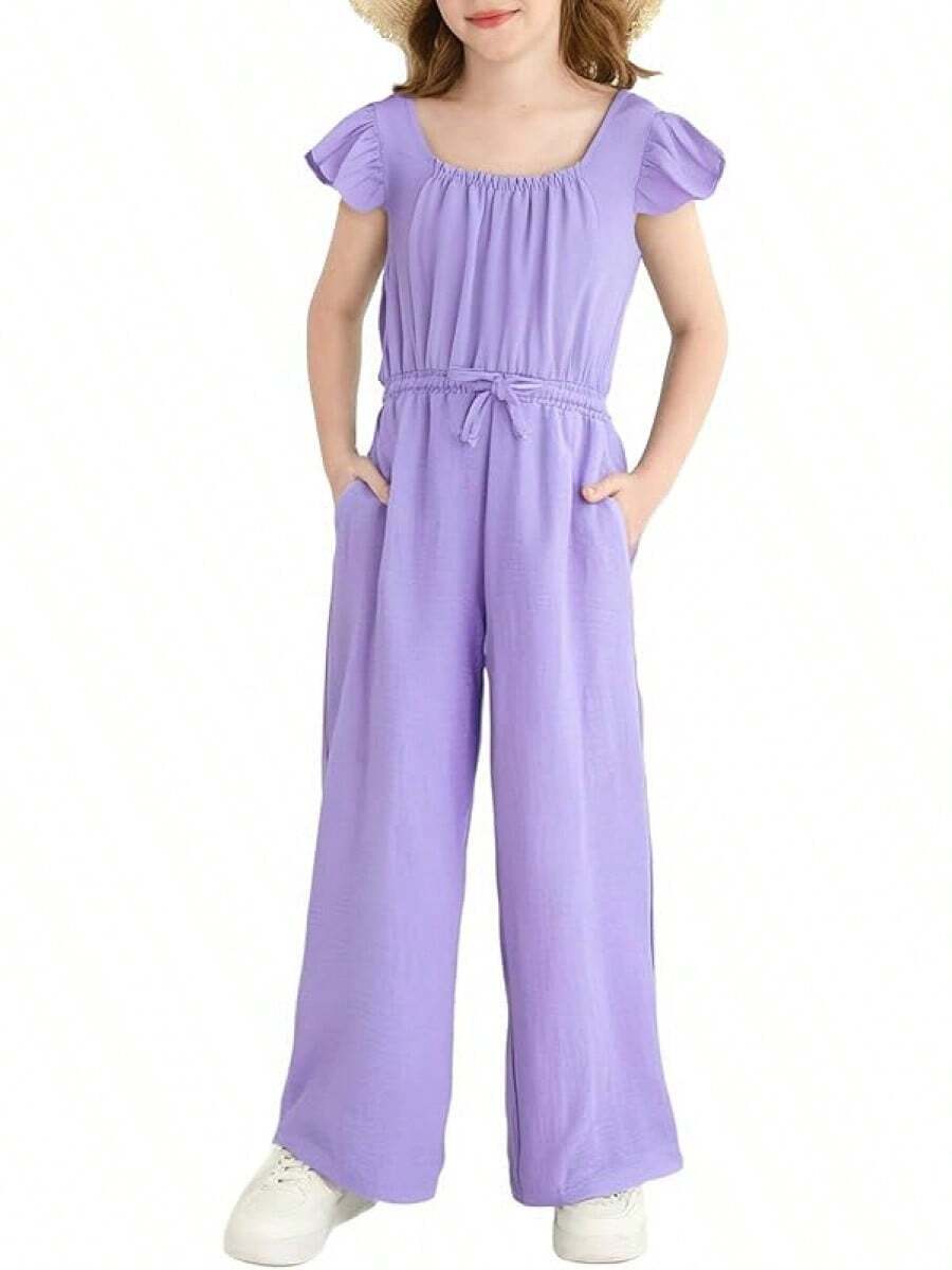 Tween Girls Jumpsuit Teen Preppy Clothes Cap Sleeve Smocked Drawstrings Romper Jumper Summer Outfits Size 8-14