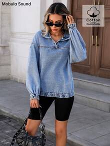 女士休闲时尚优雅性感音乐节蓝色牛仔运动衫 - 藍色 - 查看 5
