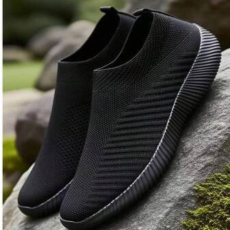 25 男士针织休闲运动鞋，黑色运动鞋，四季透气 MD 轻便防滑户外运动鞋，一脚蹬运动休闲鞋，低帮平底鞋，步行和跑步休闲运动鞋，适合男士、青年、学生、老年人