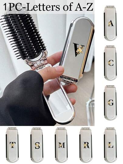 1pc 2-In-1 Foldable Hair & Makeup Mirror – Orange Flower Black Initial A-Z Printing Portable, Tabletop, Contemporary Beauty Tool For Travel,Folding Comb With Makeup Mirror, Easy To Carry, Perfect For Travel Outgoing Use, Dual-Use Air Cushion Comb, Scalp Massage Hair Comb,Travel Essentials,Travel Essential,Hairstyle,Hairdressing,Hair Brush,Slick Back Brush,Styling Brush,Curly Hair Brush,Edge Brush,Hair Comb,Brush Hair,Hair Brush Set,Comb Hair,Comb For Curls,Detangling Brush,Hair Brush For Women,Hair,Travel,Hair Products,Hair Tools,Hair Stuff,Barber,Barber Accessories,Barbershop,Hairdressing Equipment