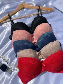 Kit 5 Sutiã de Renda com Bojo Alça com Regulagem de Plástico Não da Alergia Adulto Feminino Lingerie Moda Intima Confortável Dia a Dia - Cores Neutras - Visão 3