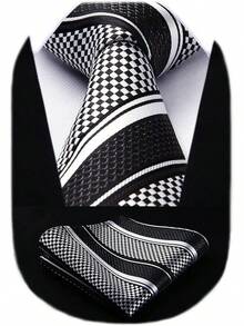Stripe Tie Mens Ties With Pocket Square Set Classic 3.4'' Silk Formal Necktie Handkerchief Business Wedding, Accessory MZOG - A-04-black & White - View 1