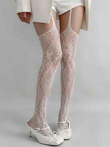 1 双女式花卉蕾丝渔网袜，性感镂空网眼拼接紧身裤袜，带吊袜带 - 彩色 - 查看 10