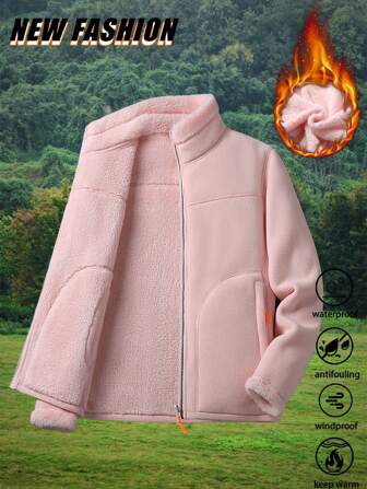 Thermal Lined Jacket For Women, Stand Collar Zipper Cardigan, Solid Color Plush Outerwear For Autumn/Winter,Fleece,Skiing