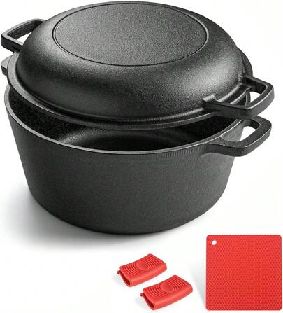 2 En 1 Olla Holandesa Hierro Fundido con Tapa +Tecnología Antiadherente + Mango Y Almohadilla de Silicona, Horno Holandés de Hierro Fundido Espesado, Apto para Varias Estufas, para Saltear Y Freír OMAY