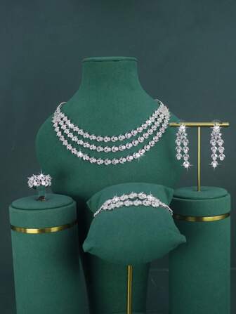 5pcs Luxury Royal Style Double-Layer Water Drop Bridal Jewelry Set, Including Necklace, Bracelet, Earrings, Ring, Suitable For Daily Wedding Wear, Wedding Anniversary Gift. Comes With (Golden Gift Box) Christmas Gift