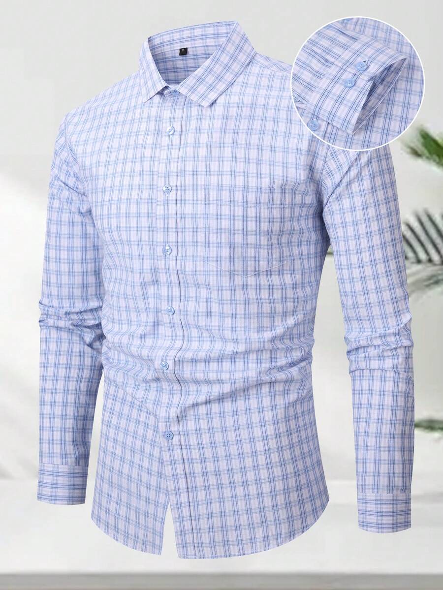 Luxury Wingtip Collar Dress Shirt For Groom, Stretch Comfort Fit, Wrinkle-Free & Breathable Fabric, Self-Tie Bow Tie, Black Tie Wedding & Gala Essentials - 藍灰格 - 查看 1