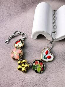 1pc Fashionable Retro Y2K Hiphop Flower Rose Star Strawberry Butterfly Oil Drop Love Stainless Steel Chain Bracelet, Versatile For Women Summer, Holiday, Party, Beach, Ball - Multicolor - View 6