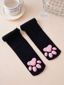 1/2 Pairs Of 3D Cat Claw Socks Cute Loli Long-Top Over-Knee Stockings, Three-Dimensional Silicone Padded Design At The Bottom, Anti-Hook Silk, Wear-Resistant Sexy Stockings - 1雙黑色 - 查看 6