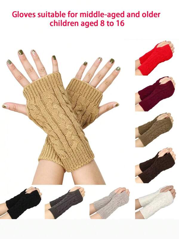 1 par de guantes sin dedos para niños, guantes sin dedos de punto cálidos para otoño/invierno, que no afectan la escritura, guantes con manga corta, adecuados para la escuela, niñas, unicolor