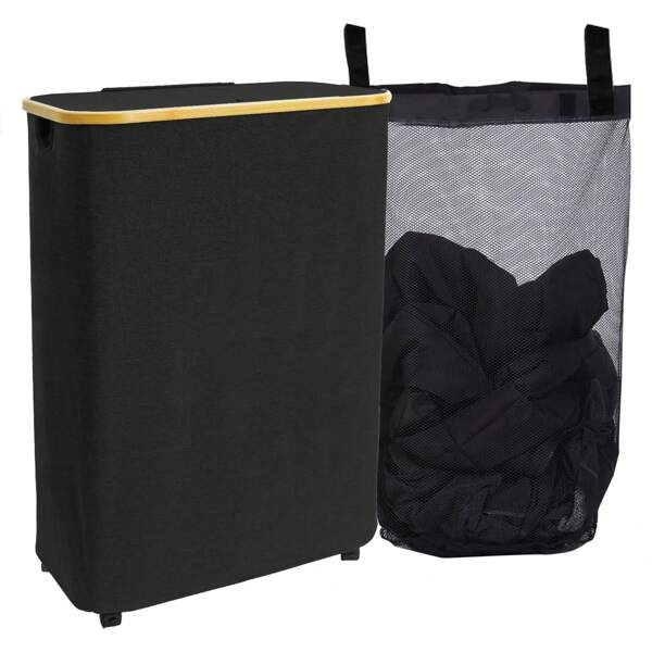 سلة غسيل بعجلات، سلة غسيل 100 لتر مع غطاء وكيس غسيل قابل للإزالة، سلة غسيل كبيرة مقاومة للماء بعجلات، سلة غسيل متدحرجة بمقابض من الخيزران لغرفة الغسيل