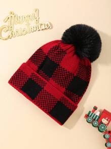 1pc New Red Black Checkered Double Ball Hat Winter Warm Christmas Hat Suitable For Children's Warmth - Red - View 7