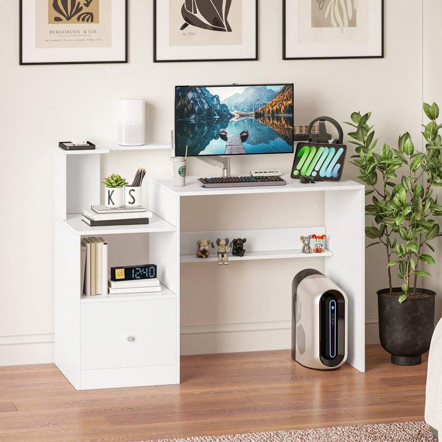 Jooli H Computer Desk With Drawer, 120x48cm Office Desk With Storage And Monitor Shelf,  PC Laptop Study Table For Home Office, White