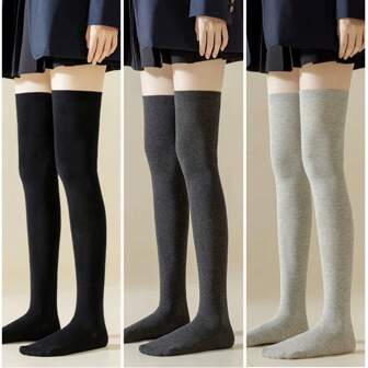 1双黑色和灰色纯色修身过膝袜，秋冬款