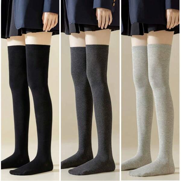 1 Paar schwarze & graue einfarbige Slim Fit Überknie-Socken, Herbst/Winter