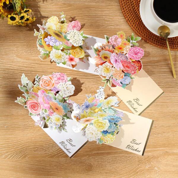 4pcs 3D Pop-Up Flower Greeting Cards With Envelopes & Labels - Perfect For Birthdays, Anniversaries, Thanksgiving, Mother's Day, Father's Day & All Occasions