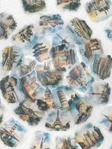 50pcs Watercolor World Famous Architecture Sticker Waterproof PET Transparent Decals For Laptop Luggage Motorcycle Diary Phone Decorate Sticker - Multicolor - View 8