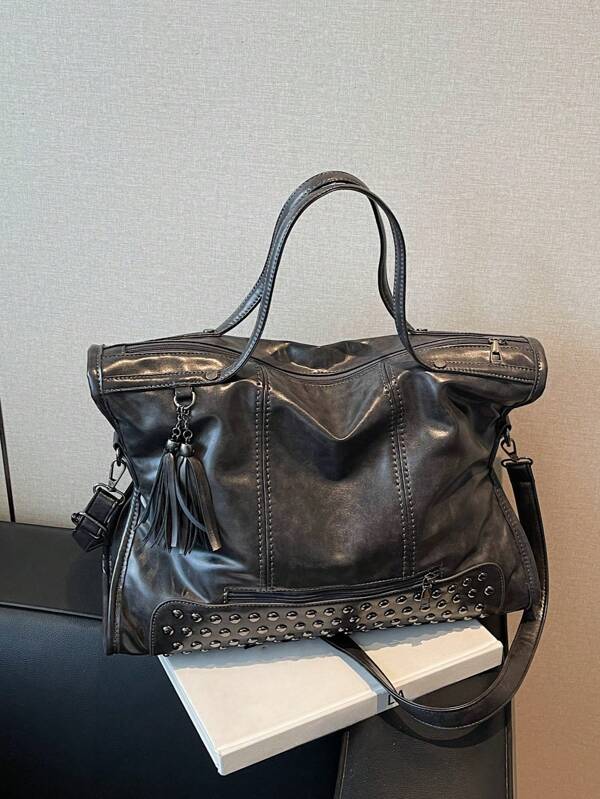 Sac fourre-tout vintage à grande capacité, style rivet et gland, polyvalent