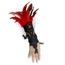 1只女士黑色蕾丝露指羽毛手套，天使/女巫服装配饰，天鹅翅膀腕套，长袖腕套，哥特式万圣节时尚配饰，白色羽毛蕾丝臂套带指环 - 新娘舞会派对服装配饰，优雅哥特式狂欢手套