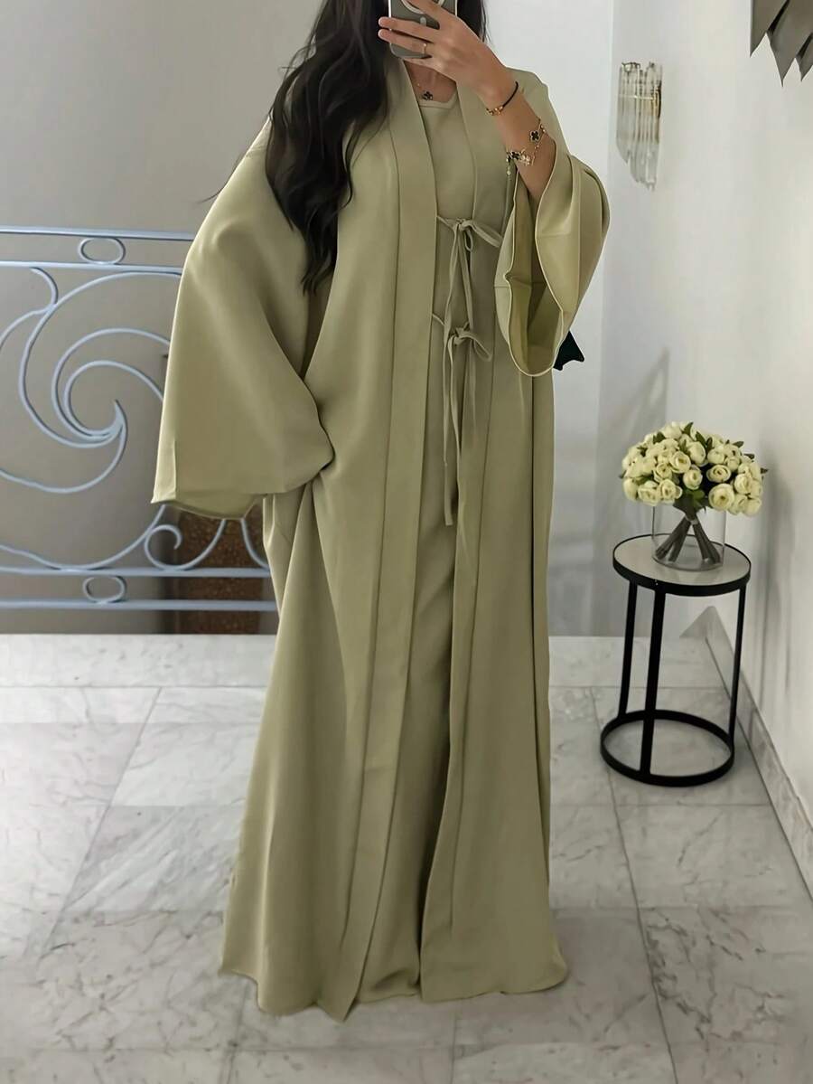 2pcs Elegant Abaya Set, Long Cardigan Jacket And Dress, Graceful Outfit - Matcha Color - View 1
