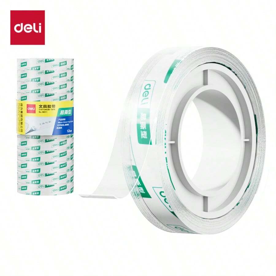 得力12片装透明胶带 - 易撕易粘，高粘性，适用于办公室/工厂