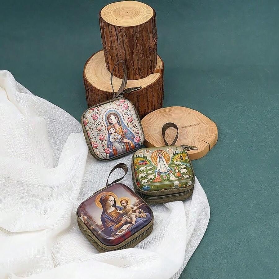 Portable Virgin Mary Prayer Rosary Storage Bag Zippered 7x7cm Religious Articles Elegant Cartoon Christian Jewelry Box Devotees - Multicolor - View 1