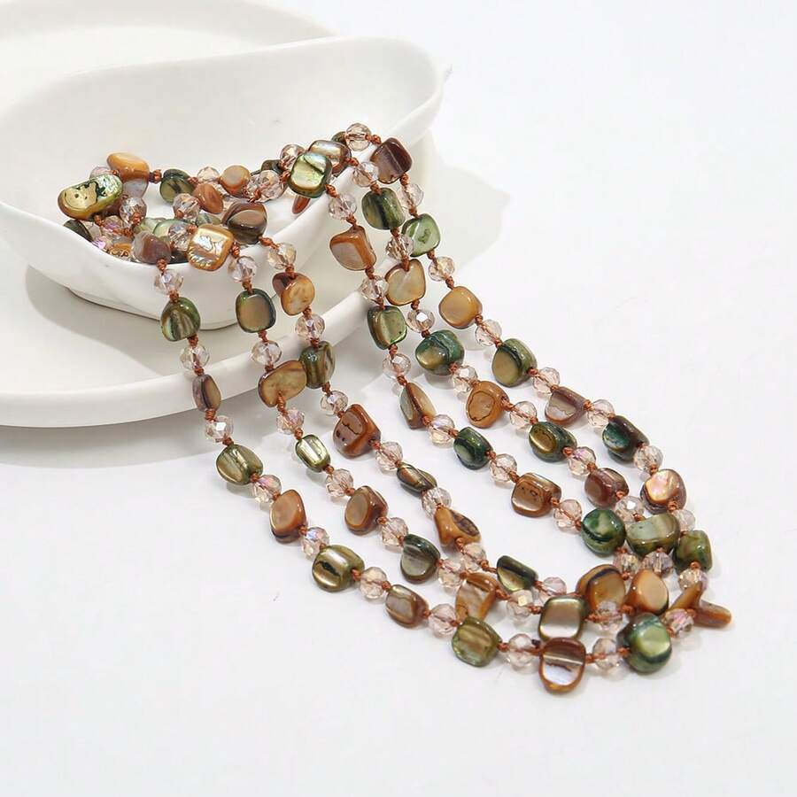 波西米亚海滩风格项链，彩色贝壳串珠长项链，女士款 - 綠咖混色 - 查看 1