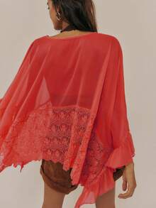 Women's Y2k Summer Sheer Poncho Tops Solid Color Batwing Sleeve Loose Fit T-Shirts Blouses Fairy Grunge Oversized V Neck Lace See Through Flowy Tops - 紅色 - 查看 2