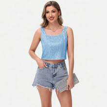 Women's Sequin Square Neck Tank Top With Sleeveless Design And Cropped Fit - Blue - Blue - View 4