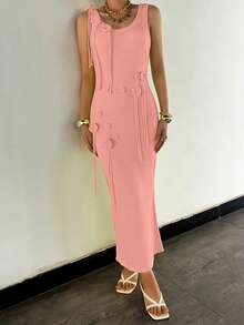 Women's Summer Dress: Sexy Beach Vacation Dress With Spaghetti Straps And 3D Floral Print - Pink - View 7