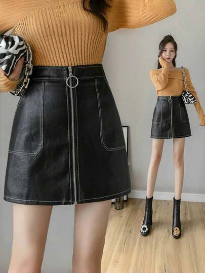 Modischer Mini Rock mit hoher Taille, Reißverschluss und A-Linie aus PU-Leder für Frauen