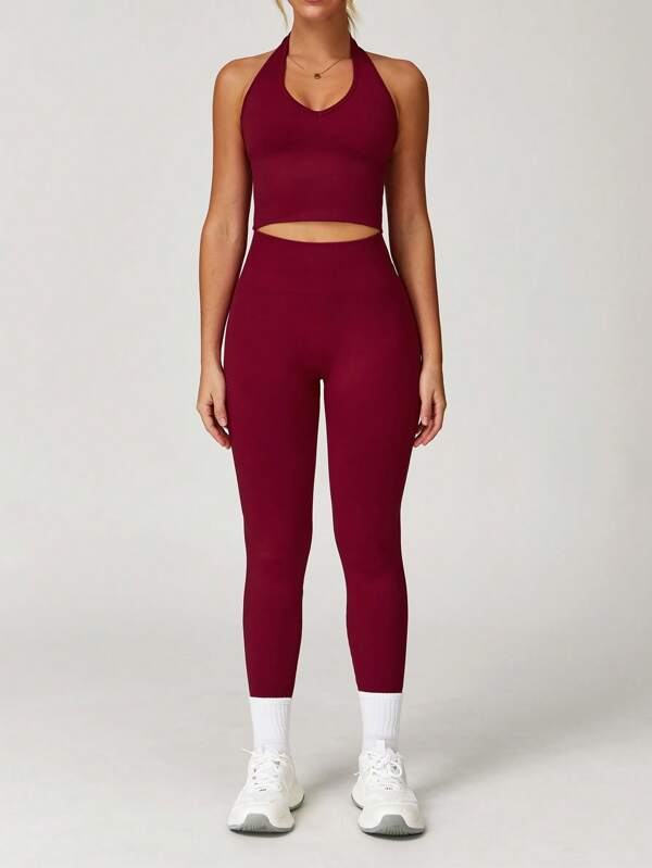 Damen Zweiteiler Herbst Lässig Sport einfarbig Faden-Ärmelloses Trägershirt und Slim Fit Hose Fitness Yoga Set