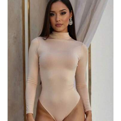 Collant Body Collant Feminino Segunda Pele Básico Gola Alta Manga Longa Moda Blogueira