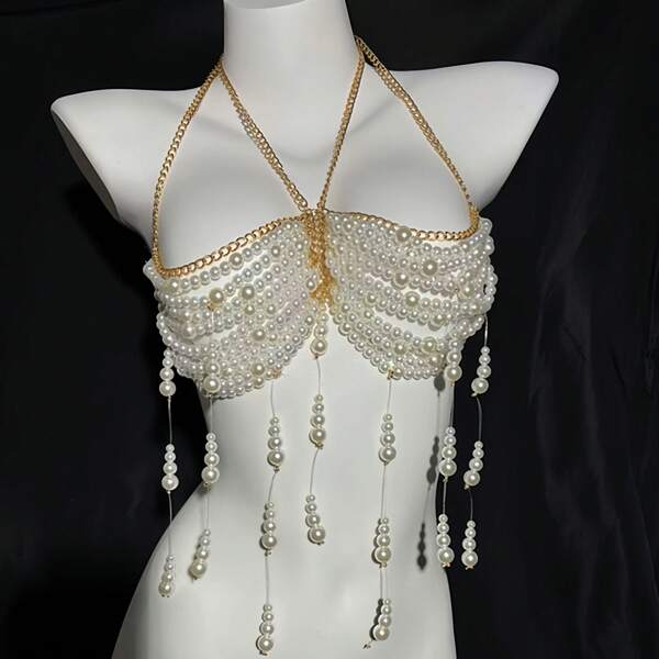 Fashionable And Sexy Tassel Faux Pearl Chest Chain Beach Vacation Bikini Chain Nightclub Party Jewelry