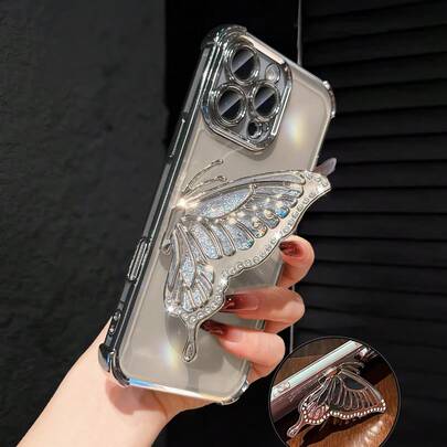 MewTrek 奢华电镀透明手机壳，带蝴蝶亮片支架，水钻闪耀风格，硅胶防震软壳，兼容 16/16E/16 Pro/16 Pro Max/16 Plus/15/14/13/12/11/X/XS/XR/8/7，兼容Galaxy S25/S24/S23/S22/S21/A55/A54/A53/A52/A35/A34/A23/A16/A15/A14/A13/A12/A05S/FE/Ultra/4G/5G，兼容Redmi/荣耀/摩托罗拉/OPPO/Infinix手机，防水、防震、防刮，国际版，非国内版
