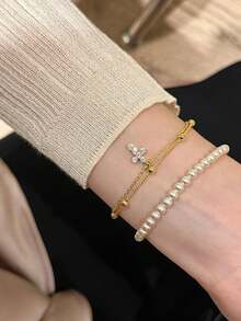 1件S925纯银优雅双层十字手链，适合女性日常佩戴、派对、生日、情人节等场合，精致珠宝 - 雙層十字架手鍊 - 查看 3