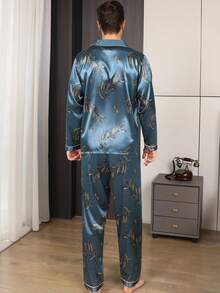 Men's Spring/Autumn Floral Pattern Satin Button Down Pajama Set With Long Sleeve Shirt And Long Pants, Fall Winter Clothes
