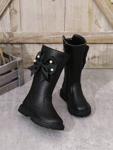 1 Pair Black Girls' Mid-Calf Boots, Comfortable Soft Solid Color PU Fabric, Side Pearl Mesh Bow Decor, Inner Zipper, Fabric Warm Lining, Round Toe Soft Sole, Fashionable Cute Princess Boots For 3-12 Years Old Girls, Suitable For Daily School, Festival, Outdoor Wear, Autumn/Winter New Style - Black - View 1