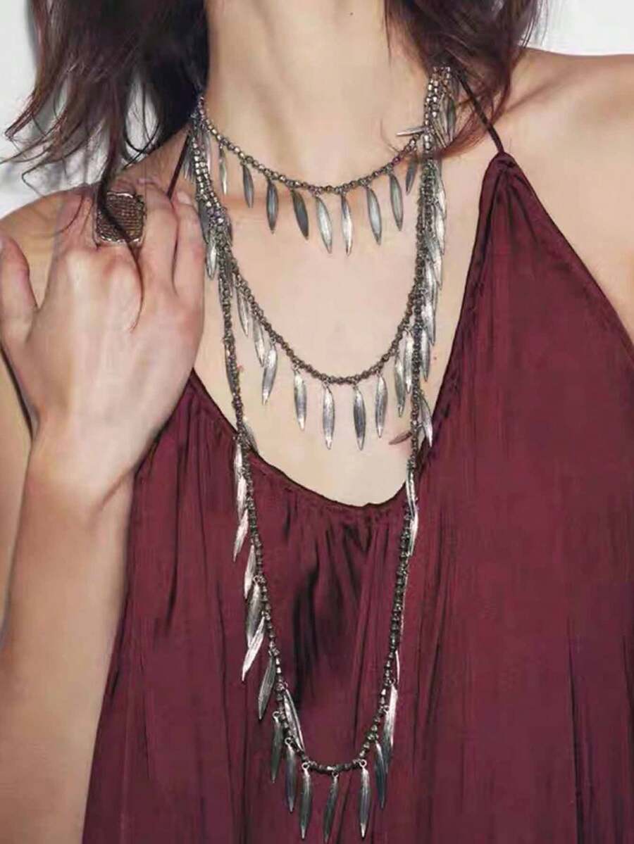 1pc Minimalist Alloy Feather & Leaf Beaded Textured Pendant Necklace For Women - Leaf Luxury Necklace - View 1