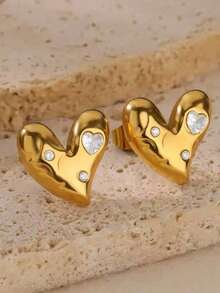 1 par de pendientes elegantes de acero inoxidable para mujer con diseño asimétrico de corazón con rhinestones, adecuados para uso diario y vacaciones