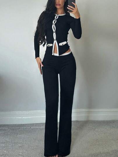 Street Chic Round Neck Button Contrast Color Cardigan Long Sleeve & High Waist Slim Fit Pants 2 Pieces Set