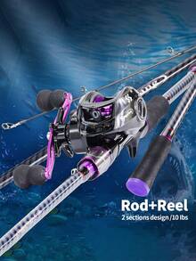 SOUGAYILANG Combo canna da pesca e mulinello, canna in fibra di carbonio a 2 sezioni da 1,8 m, mulinello baitcasting, bobina in alluminio liscio, rapporto di ingranaggi ad alta velocità 7,2:1, con filo da pesca in nylon, esche da pesca e accessori, ambidestro, media potenza (le specifiche del filo da pesca e gli stili e i colori degli accessori sono casuali) - Viola - Visualizzare 3